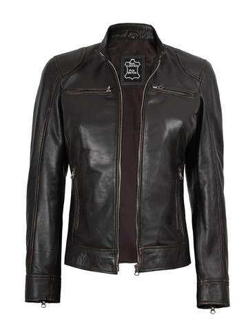 Women Cafe Racer Zip Jacket By Riley Dodge Rub Off Brown