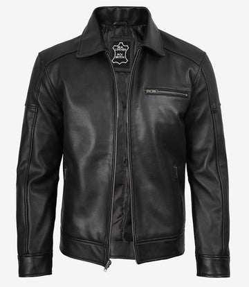 Mens Black sheepskin Shirt-Collar Leather Jacket