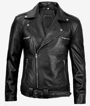 Mens Black Genuine Sheepskin Leather Biker Jacket