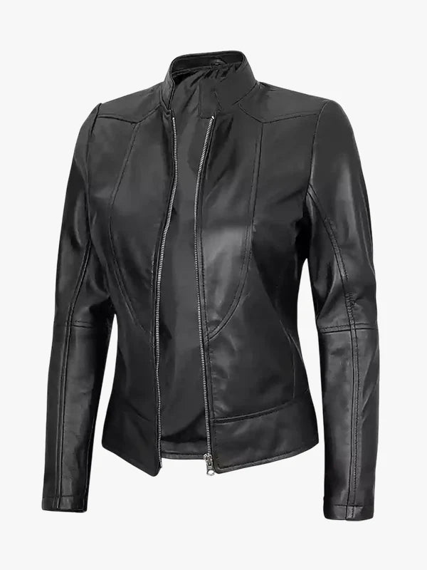 Black Cafe Racer Leather Jacket for womens