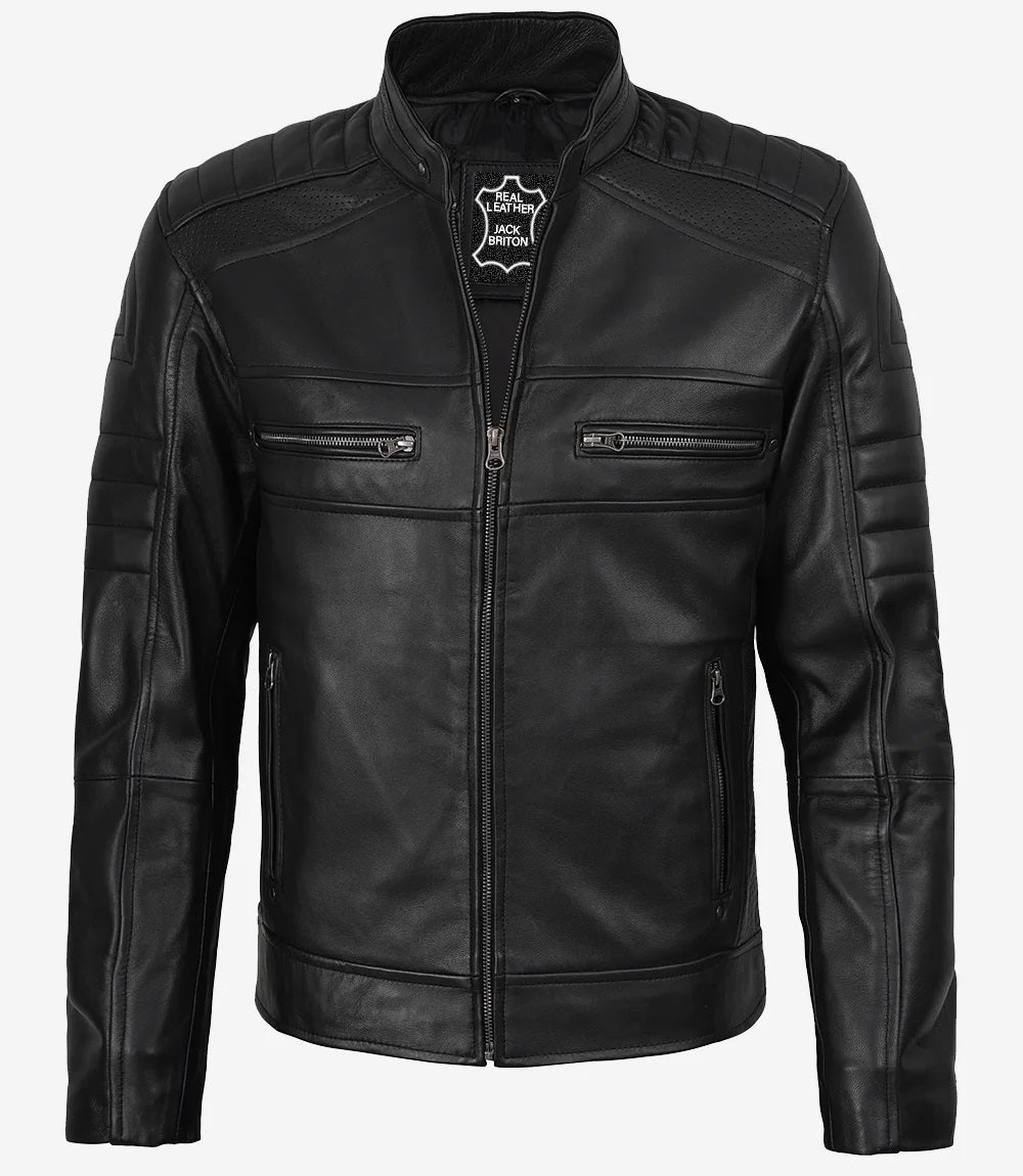 Mens Sheepskin Black Cafe Racer Leather Jacket