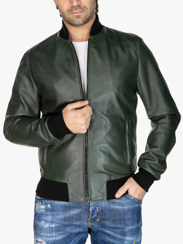 Men's Bomber Green Evergreen Style Jacket - Premium Quality Real Leather Jacket