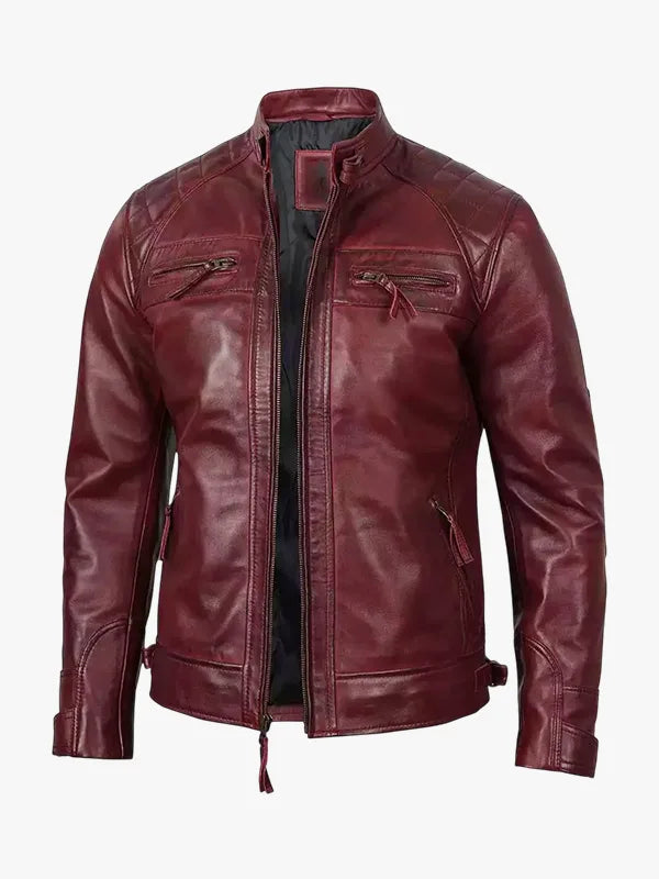 Mens Real Leather Burgundy Biker Jacket - Premium Quality Real Leather Jacket