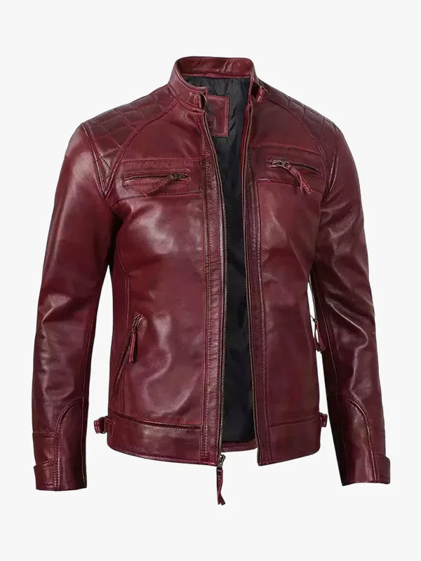 Mens Real Leather Burgundy Biker Jacket - Premium Quality Real Leather Jacket
