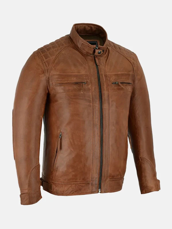 Men's Cafe Racer Brown Motorcycle Leather Jacket - Premium Quality Real Leather Jacket