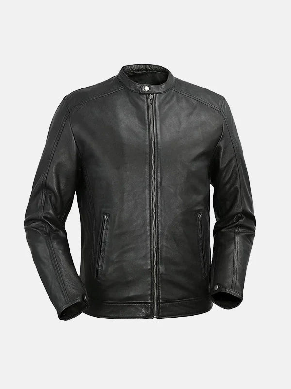 Men's Snap Tab Collar Black Leather Jacket - Premium Quality Real Leather Jacket