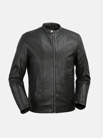 Men's Snap Tab Collar Black Leather Jacket - Premium Quality Real Leather Jacket