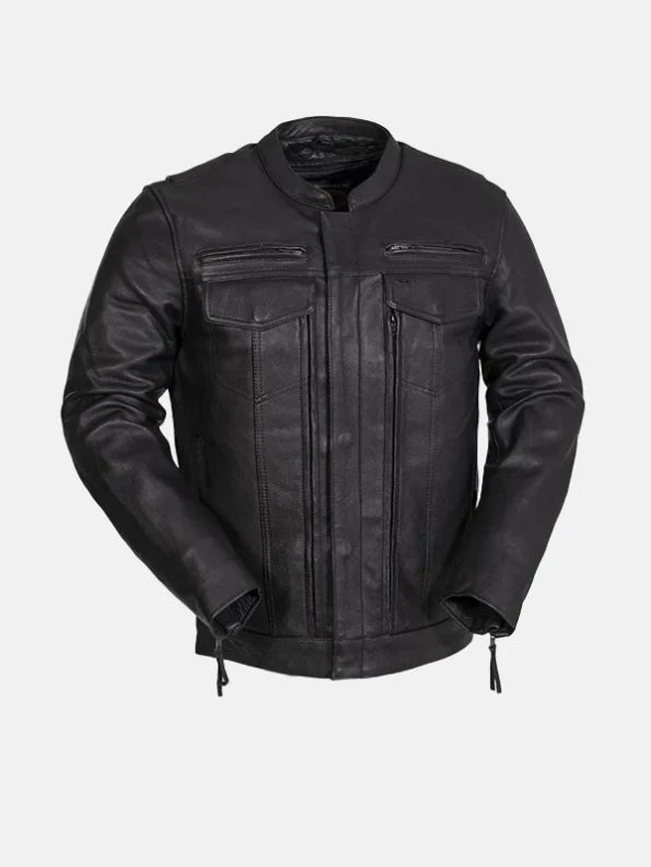 Men's Utility Style Black Leather Biker Jacket - Premium Quality Real Leather Jacket