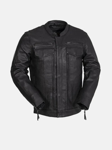 Men's Utility Style Black Leather Biker Jacket - Premium Quality Real Leather Jacket