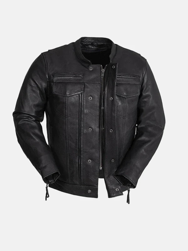 Men's Utility Style Black Leather Biker Jacket - Premium Quality Real Leather Jacket