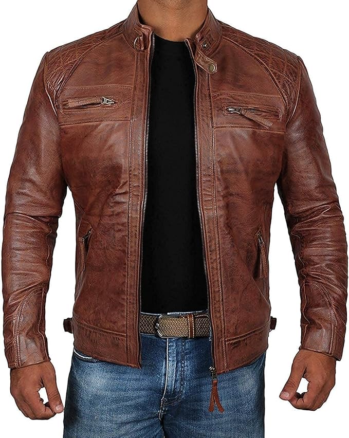Real Lambskin Cafe Racer Motorcycle Style Distressed Brown Leather Jacket For Men
