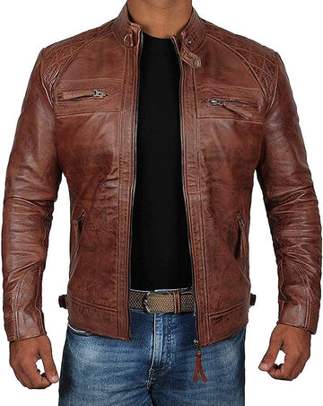 Real Lambskin Cafe Racer Motorcycle Style Distressed Brown Leather Jacket For Men