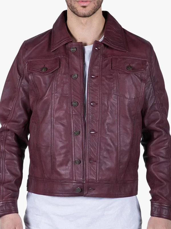 Mens Burgundy Leather Shirt Jacket - Premium Quality Real Leather Jacket