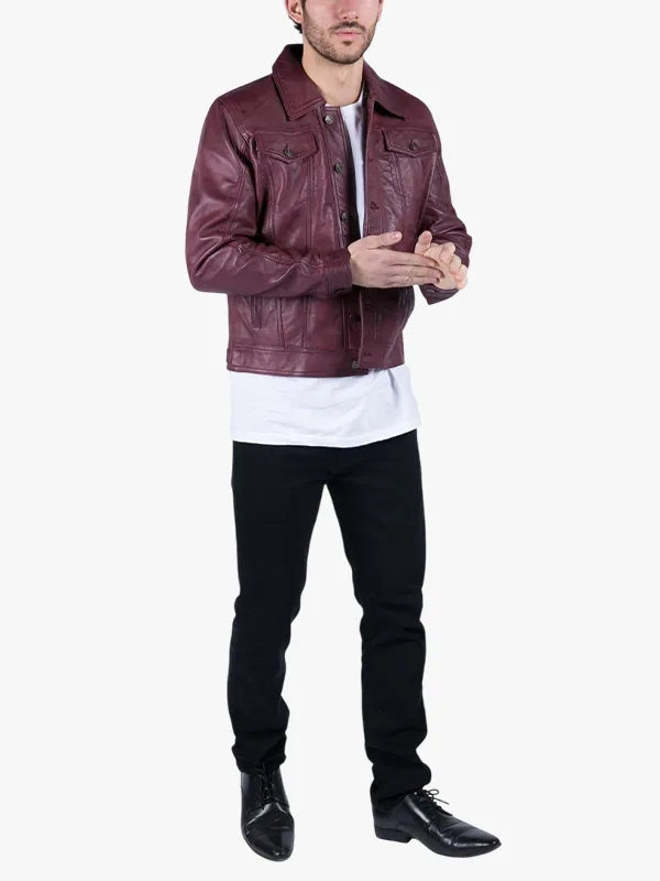 Mens Burgundy Leather Shirt Jacket - Premium Quality Real Leather Jacket
