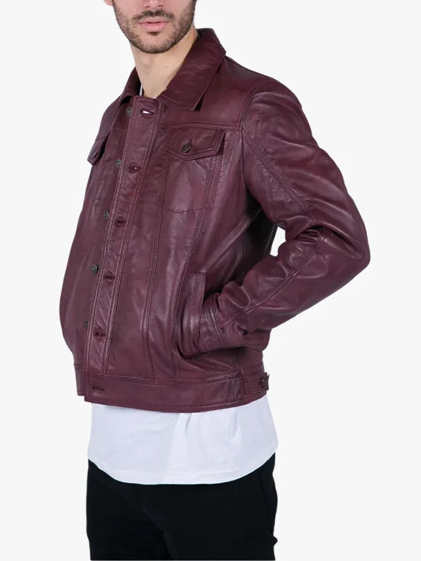 Mens Burgundy Leather Shirt Jacket - Premium Quality Real Leather Jacket