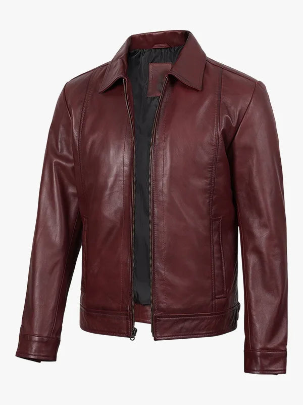 Mens Classic Shirt Collar Harrington Leather Jacket - Premium Quality Real Leather Jacket