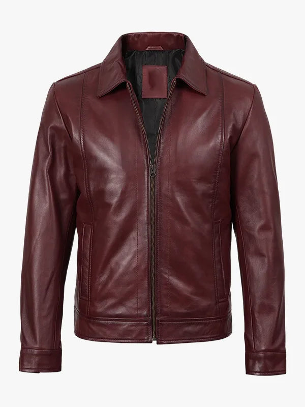 Mens Classic Shirt Collar Harrington Leather Jacket - Premium Quality Real Leather Jacket