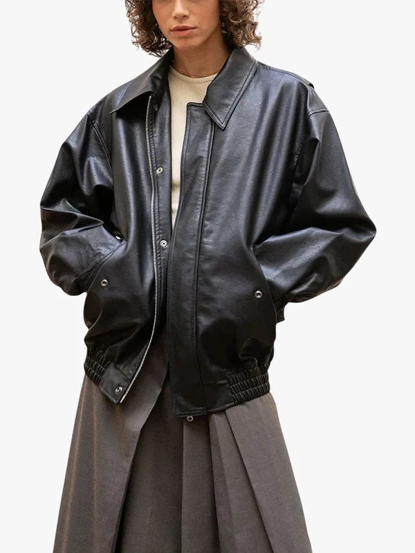 Oversize Luxe Women's Oversized Black Leather Jacket - Premium Quality Real Leather Jacket