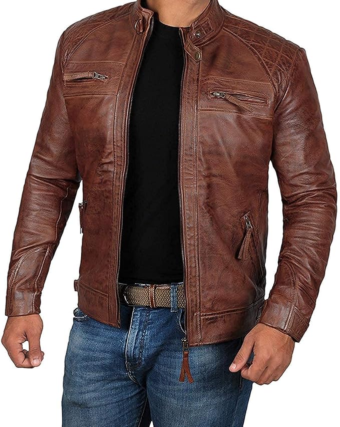 Real Lambskin Cafe Racer Motorcycle Style Distressed Brown Leather Jacket For Men