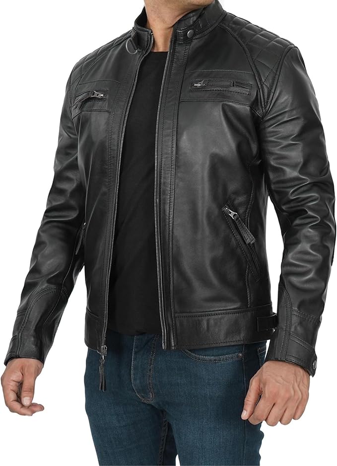 Mens Black Lambskin Cafe Racer Motorcycle Leather Jacket
