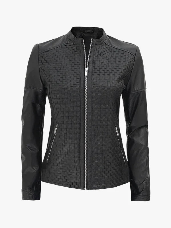 Shadow Moto Women's Black Textured Cafe Racer Leather Jacket - Premium Quality Real Leather Jacket