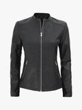 Shadow Moto Women's Black Textured Cafe Racer Leather Jacket - Premium Quality Real Leather Jacket
