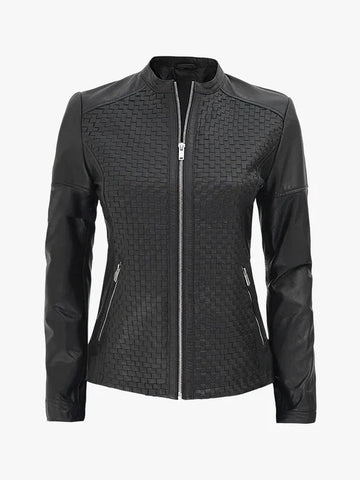 Shadow Moto Women's Black Textured Cafe Racer Leather Jacket - Premium Quality Real Leather Jacket