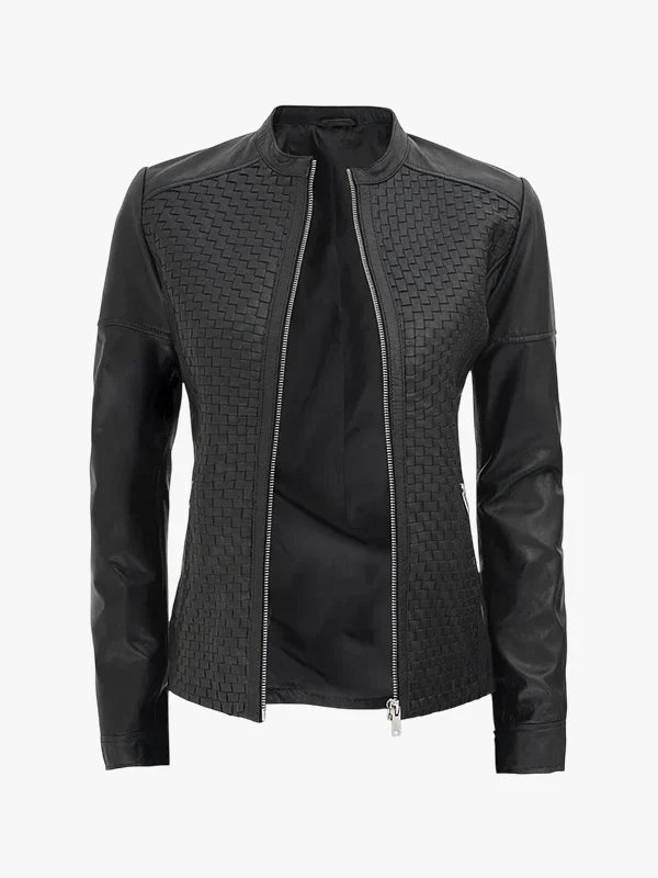 Shadow Moto Women's Black Textured Cafe Racer Leather Jacket - Premium Quality Real Leather Jacket