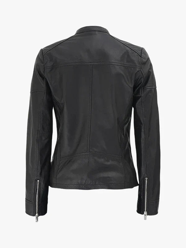 Shadow Moto Women's Black Textured Cafe Racer Leather Jacket - Premium Quality Real Leather Jacket