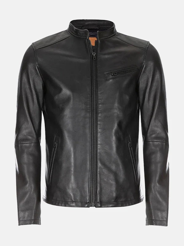 Urban Edge Mandarin Collar Black Leather Jacket - Premium Quality Real Leather Jacket