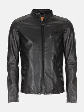 Urban Edge Mandarin Collar Black Leather Jacket - Premium Quality Real Leather Jacket