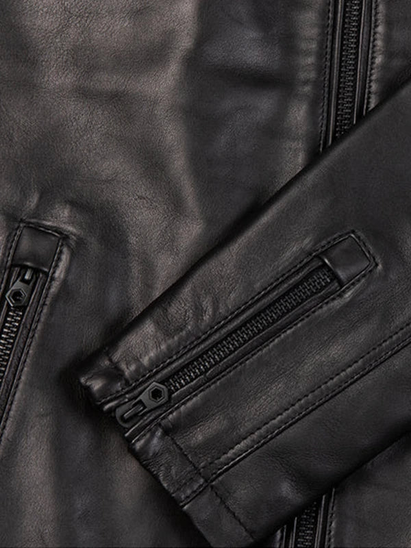 Urban Edge Mandarin Collar Black Leather Jacket - Premium Quality Real Leather Jacket