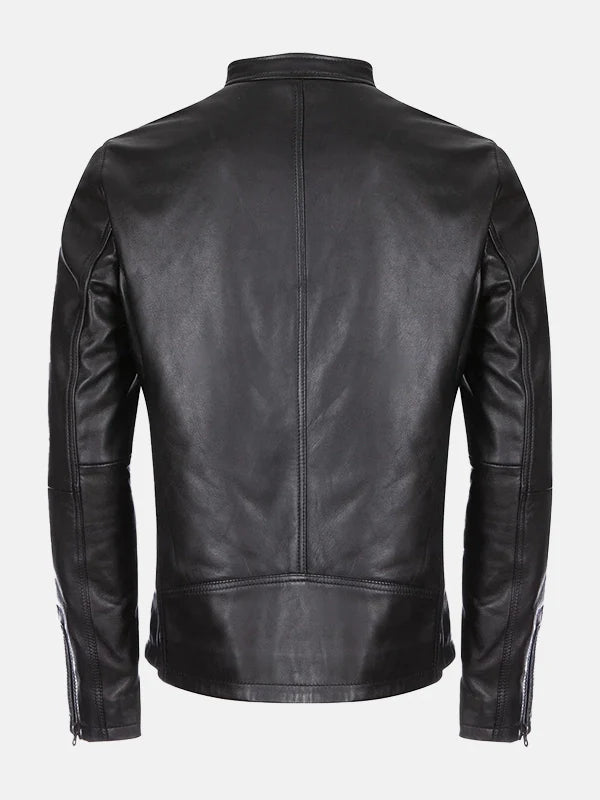 Urban Edge Mandarin Collar Black Leather Jacket - Premium Quality Real Leather Jacket