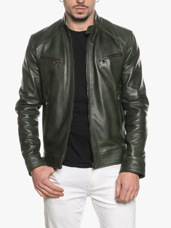 Verde Series Men's Green Snap-Tab Collar Jacket - Premium Quality Real Leather Jacket