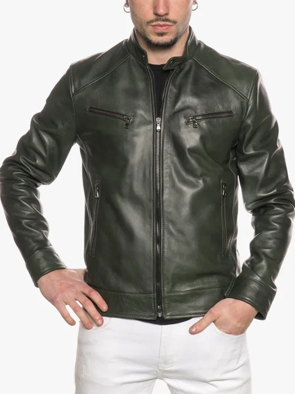 Verde Series Men's Green Snap-Tab Collar Jacket - Premium Quality Real Leather Jacket