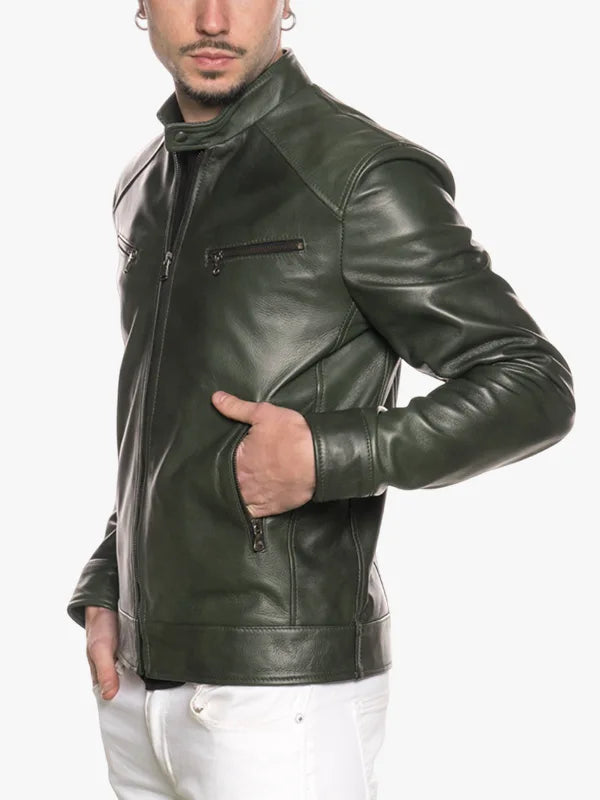 Verde Series Men's Green Snap-Tab Collar Jacket - Premium Quality Real Leather Jacket
