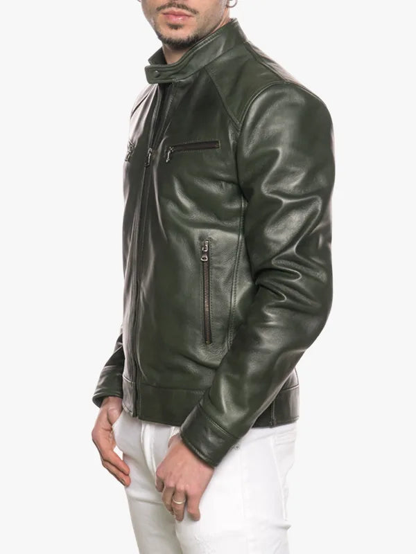 Verde Series Men's Green Snap-Tab Collar Jacket - Premium Quality Real Leather Jacket