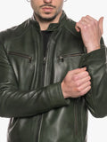 Verde Series Men's Green Snap-Tab Collar Jacket - Premium Quality Real Leather Jacket