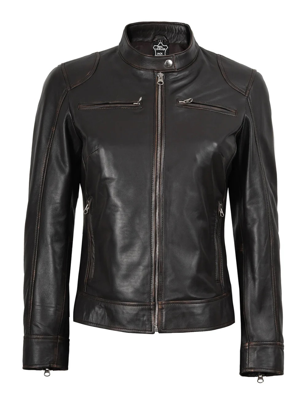 Women Cafe Racer Zip Jacket By Riley Dodge Rub Off Brown