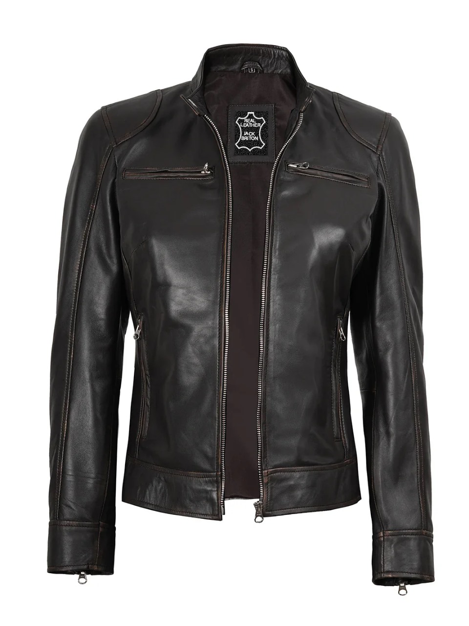 Women Cafe Racer Zip Jacket By Riley Dodge Rub Off Brown