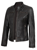 Women Cafe Racer Zip Leather Jacket By Dodge Rub Off Brown