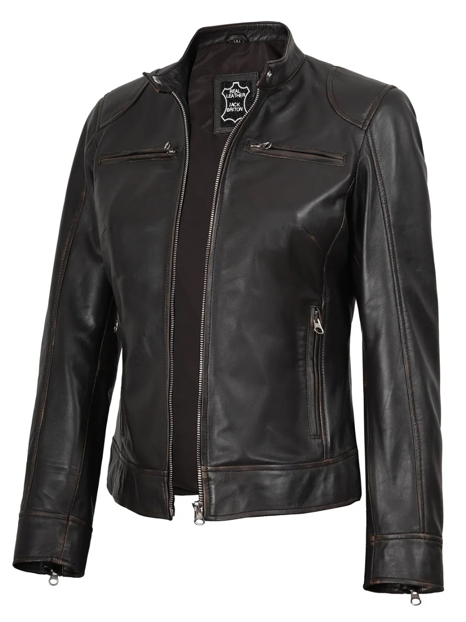Women Cafe Racer Zip Leather Jacket By Dodge Rub Off Brown