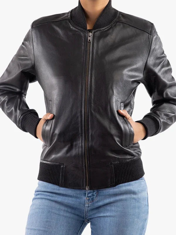 Women's Genuine Leather Classic Baseball Bomber Jacket - Premium Quality Real Leather Jacket