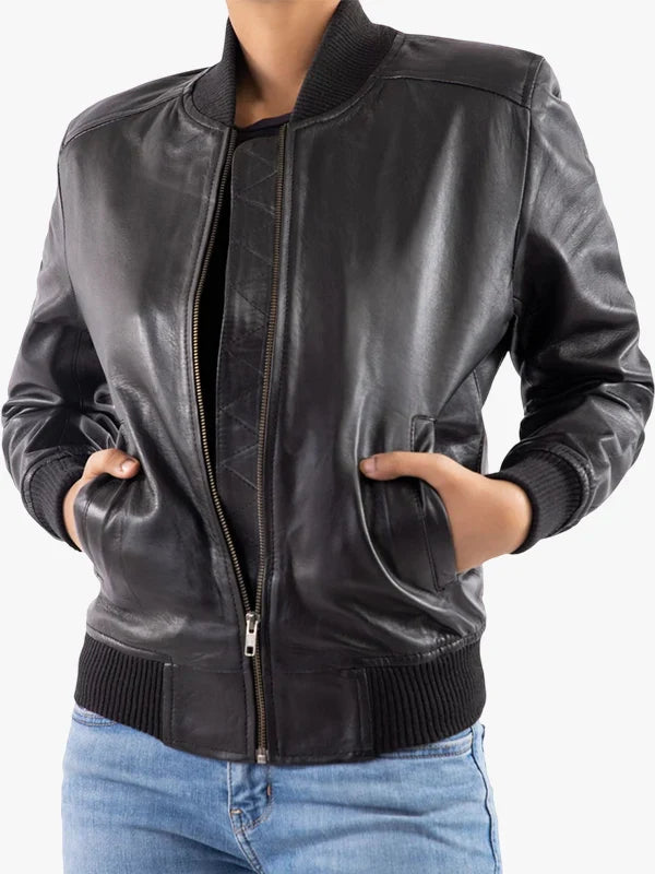 Women's Genuine Leather Classic Baseball Bomber Jacket - Premium Quality Real Leather Jacket