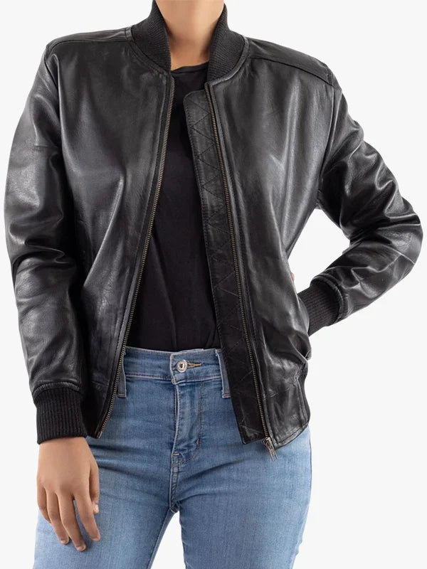 Women's Genuine Leather Classic Baseball Bomber Jacket - Premium Quality Real Leather Jacket