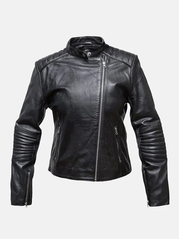 Women's Snap Tab Collar Black Leather Jacket - Premium Quality Real Leather Jacket
