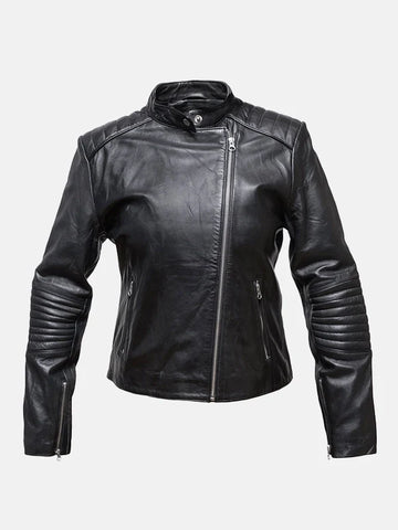 Women's Snap Tab Collar Black Leather Jacket - Premium Quality Real Leather Jacket