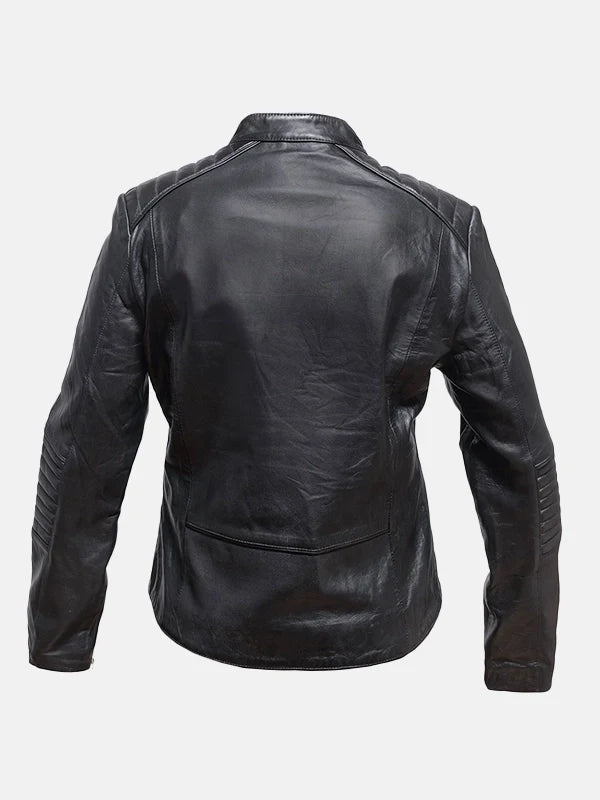 Women's Snap Tab Collar Black Leather Jacket - Premium Quality Real Leather Jacket