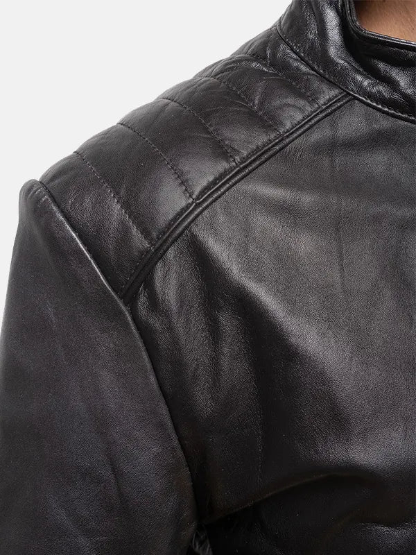 Women's Snap Tab Collar Black Leather Jacket - Premium Quality Real Leather Jacket