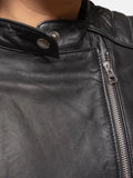 Women's Snap Tab Collar Black Leather Jacket - Premium Quality Real Leather Jacket